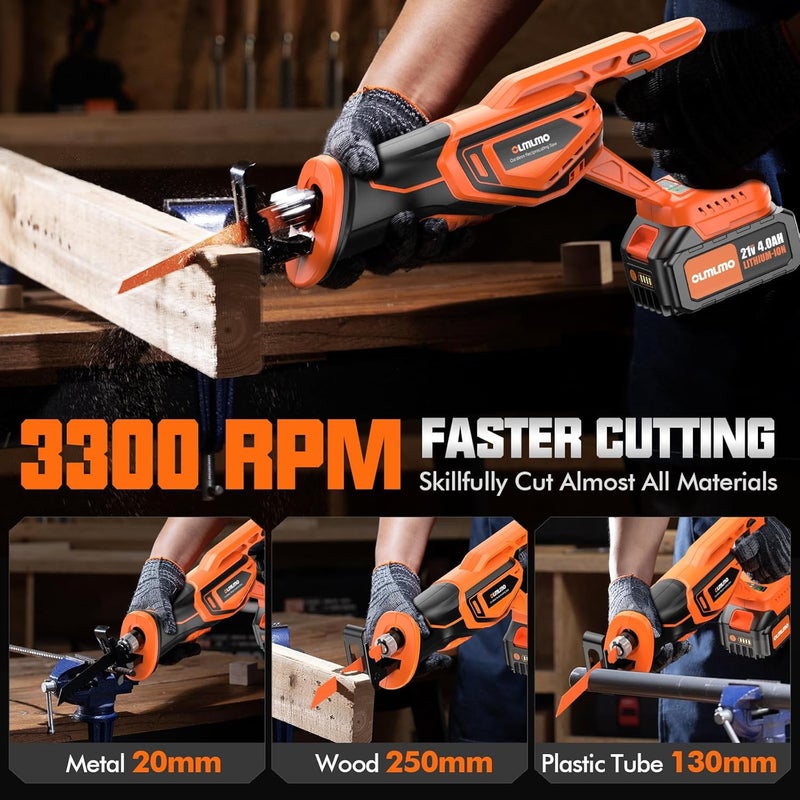 olmlmo Reciprocating Saw Cordless with 8 Blades: 2 x 4.0Ah Battery, Brushless Motor 3300 RPM, Cordless Reciprocating Saw Kit for Wood PVC Metal Tree Bone Cutting DIY (Orange) - Image 2